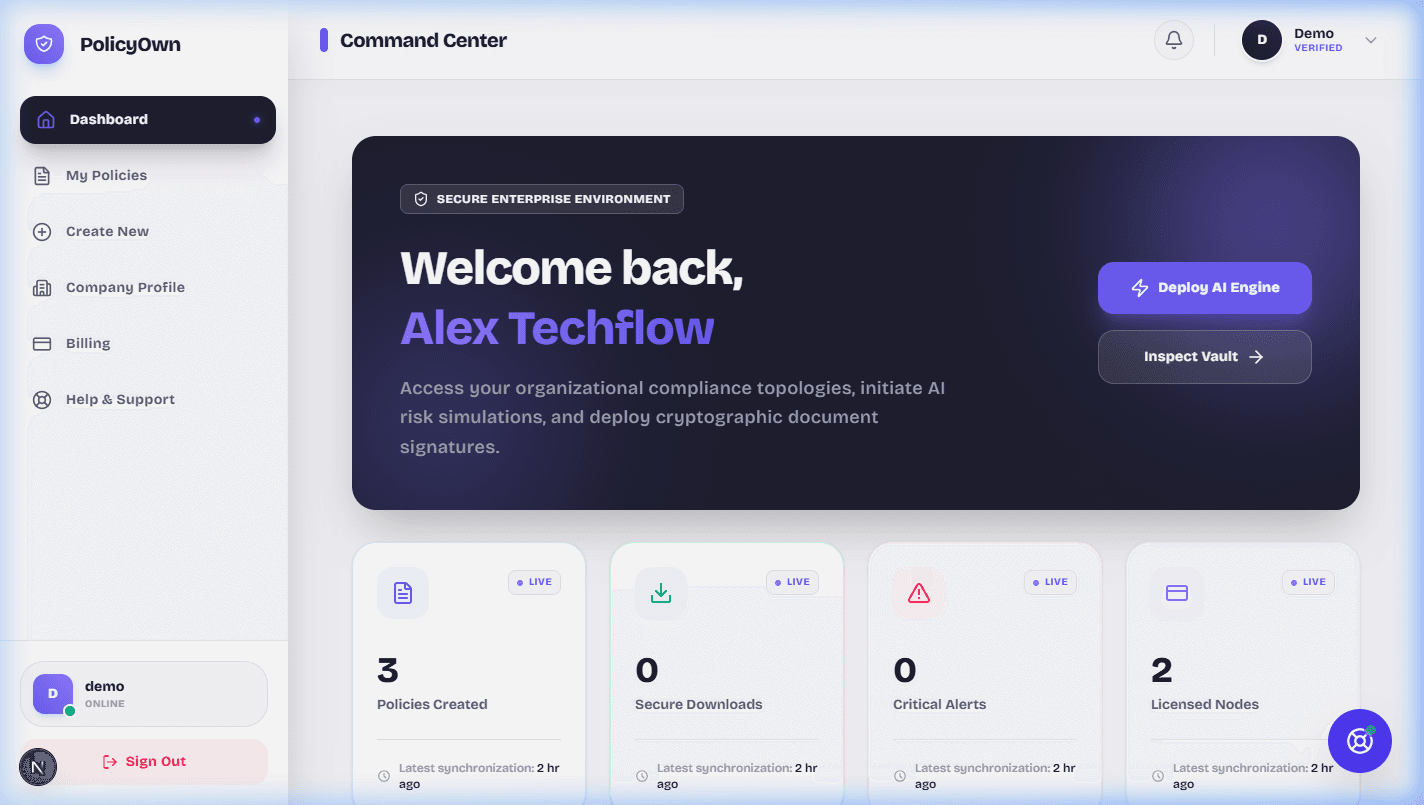 PolicyOwn Administrative Dashboard showing policy generation progress, compliance status, and document management interface